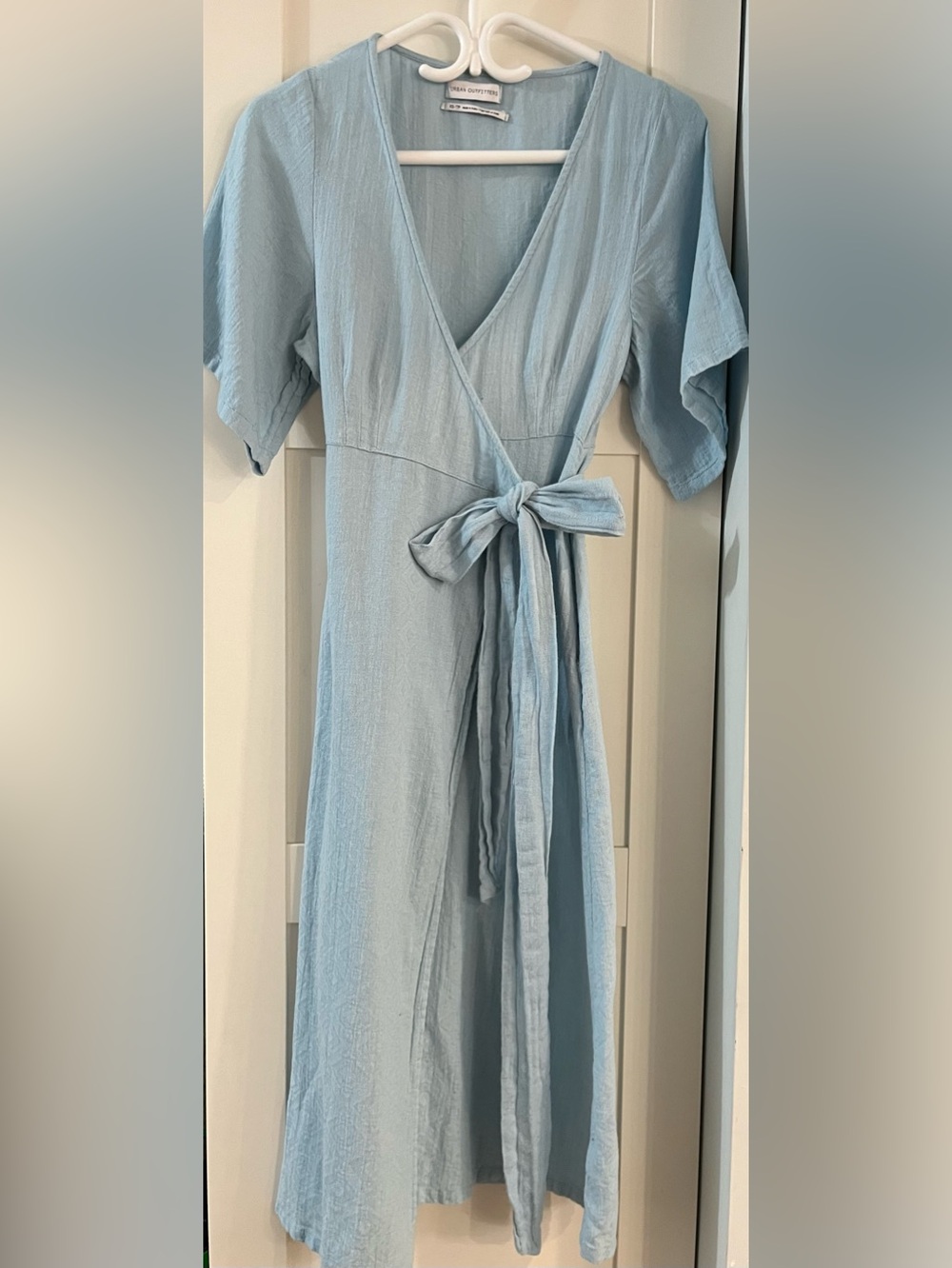 Urban Outfitters Lightweight Woven Cotton Pale Blue Short Sleeve Midi Wrap Dress